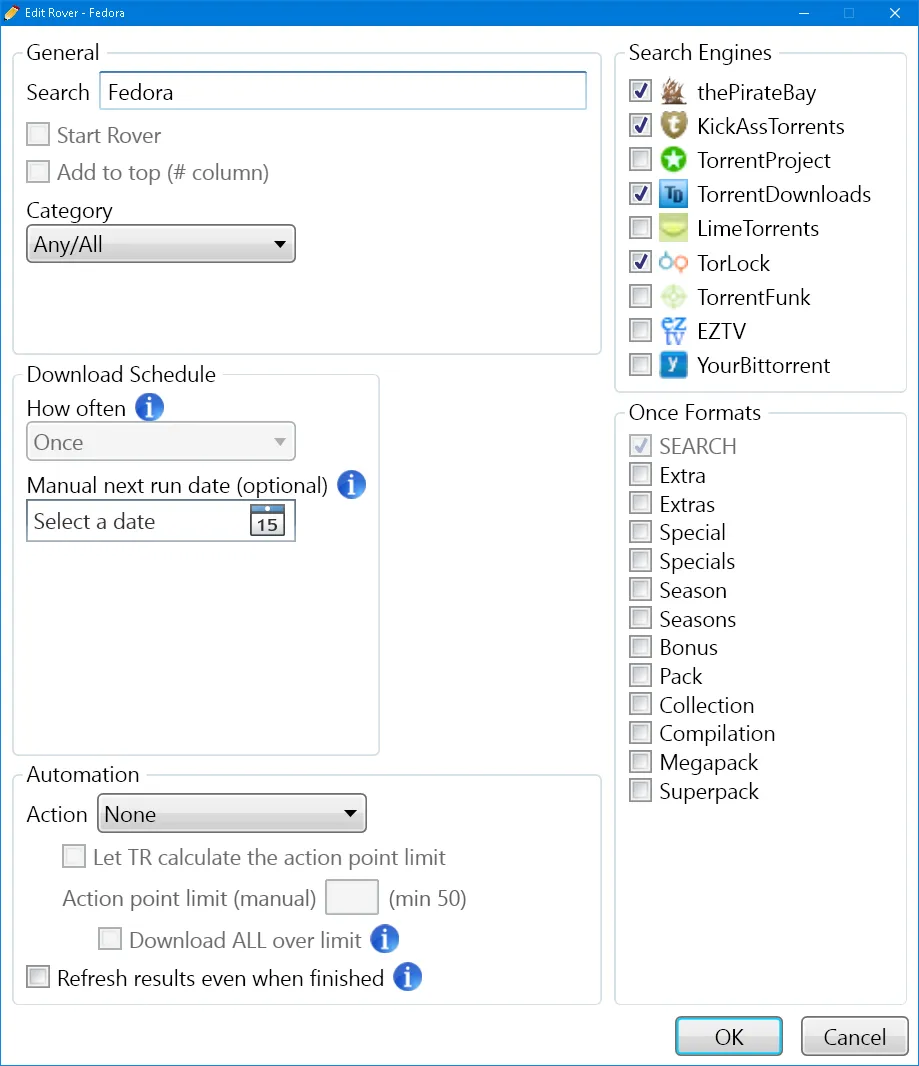 Configuring a Rover in TorrentRover — the search it repeats and how often it downloads results