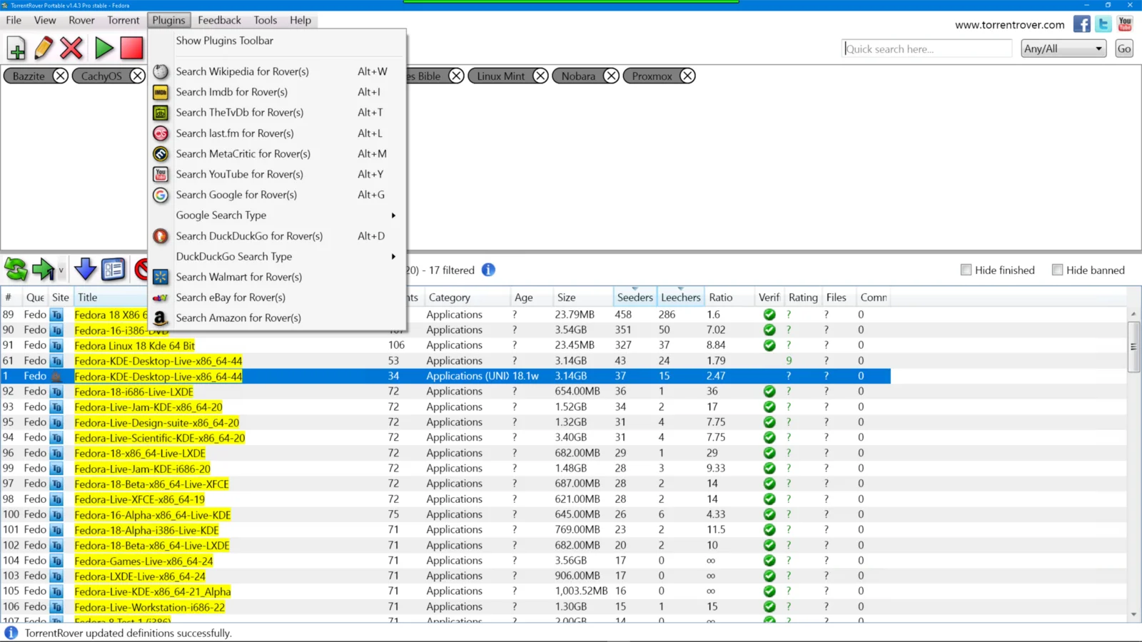 TorrentRover with plugin lookups — IMDB, Wikipedia, Google and more, pulled up for a result