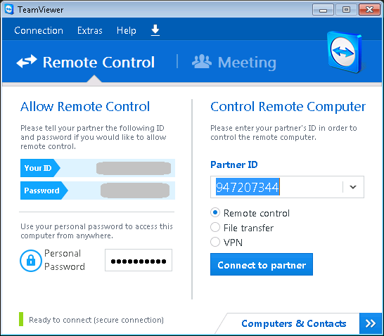 TeamViewer main window showing your ID and password